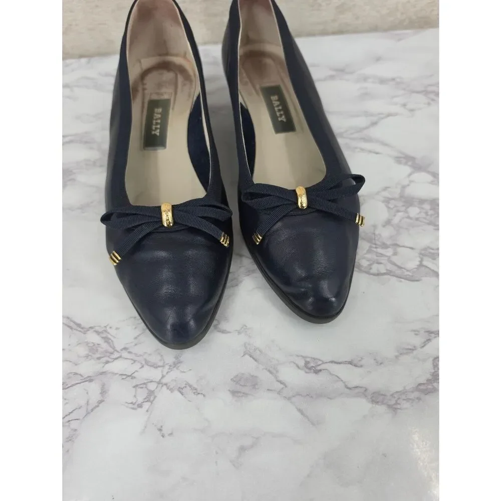 Bally Belle Leather Navy Blue Gold Tone Bow-Accent Women's Low Wedge Ballet Flat - Picture 3 of 14